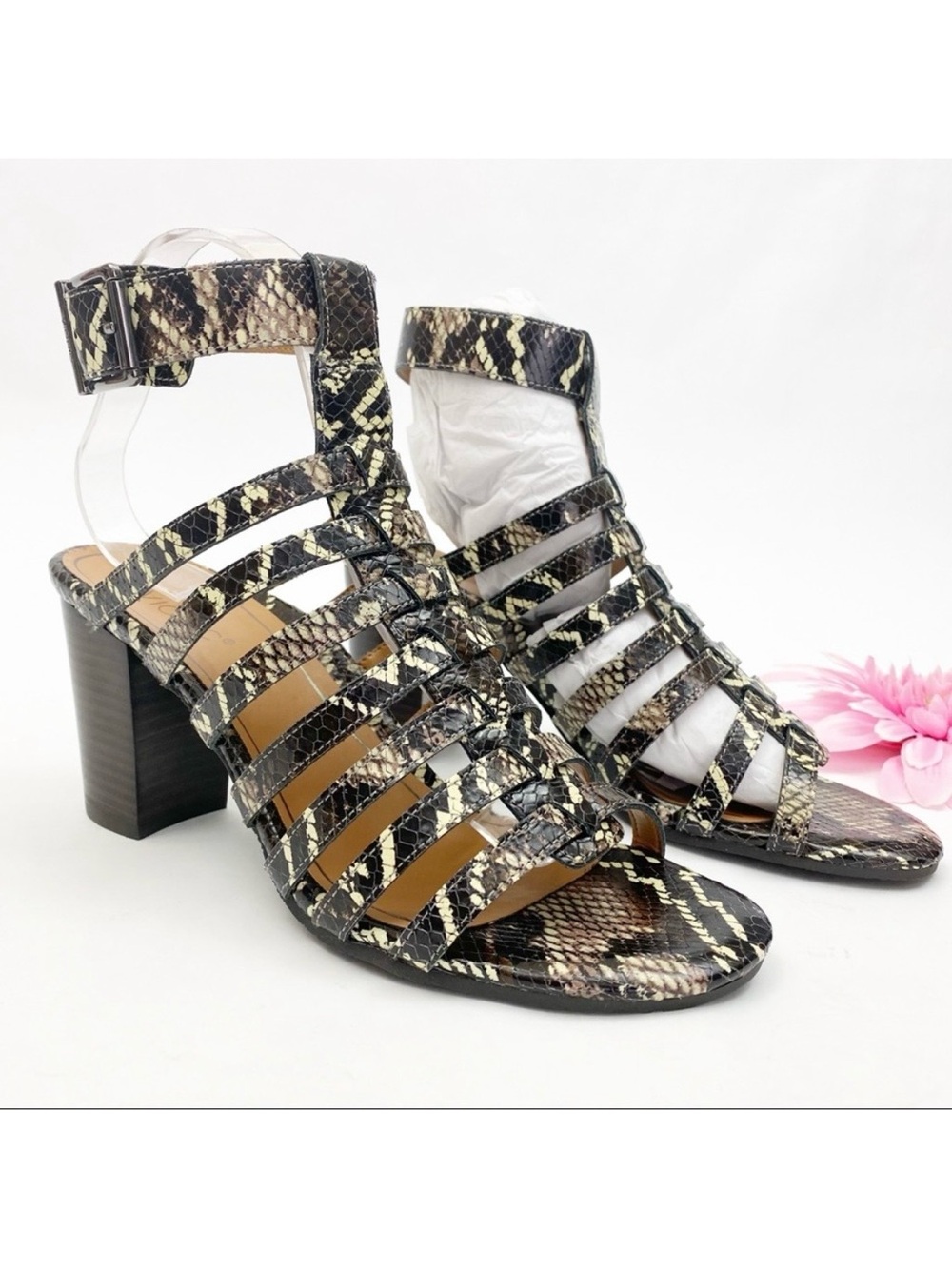 Vionic Perk Sami Leather Caged Heeled Sandals: Black Boa Snakeskin